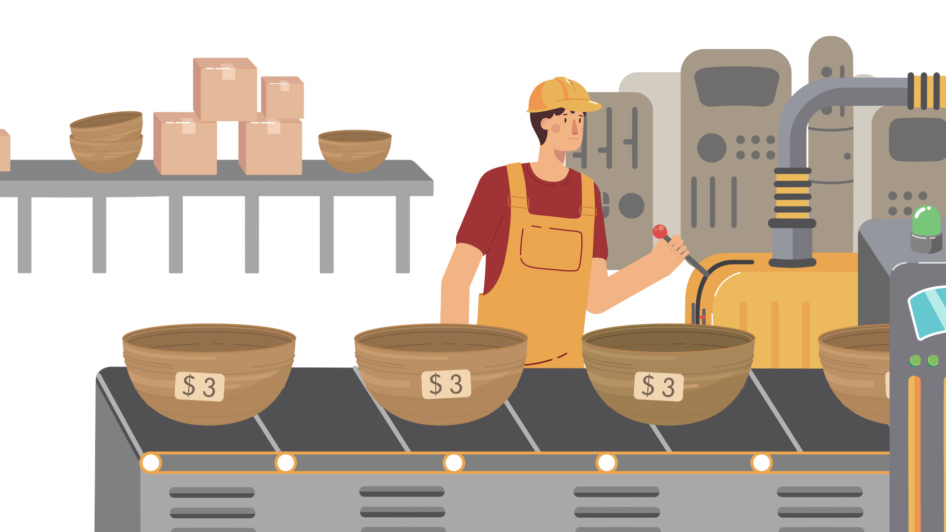 A factory employee, puling on a lever next to a conveyor belt, stylized elegant vector design