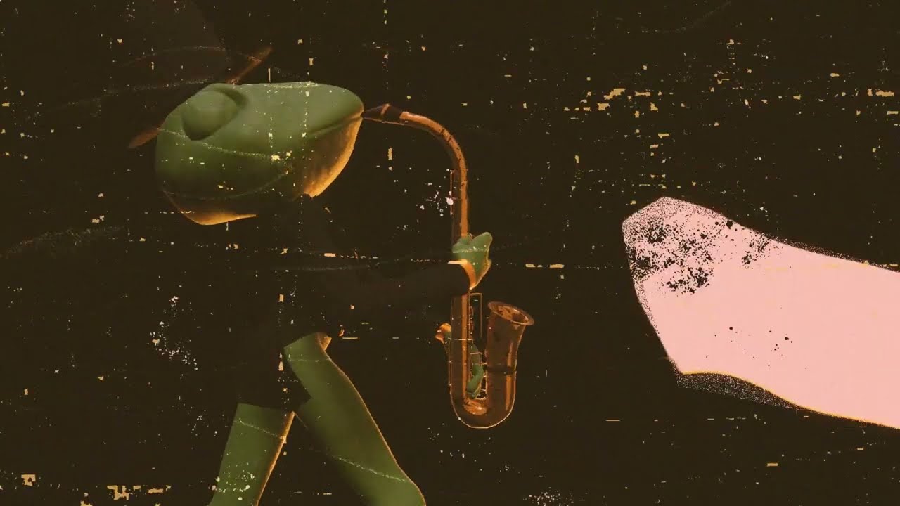 An anthropomorphic frog playing saxophone against a black background, film grain