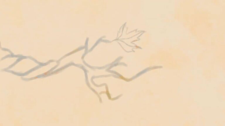 Hand drawn branch with a single leaf hanging, peach tone paper and grey sketch